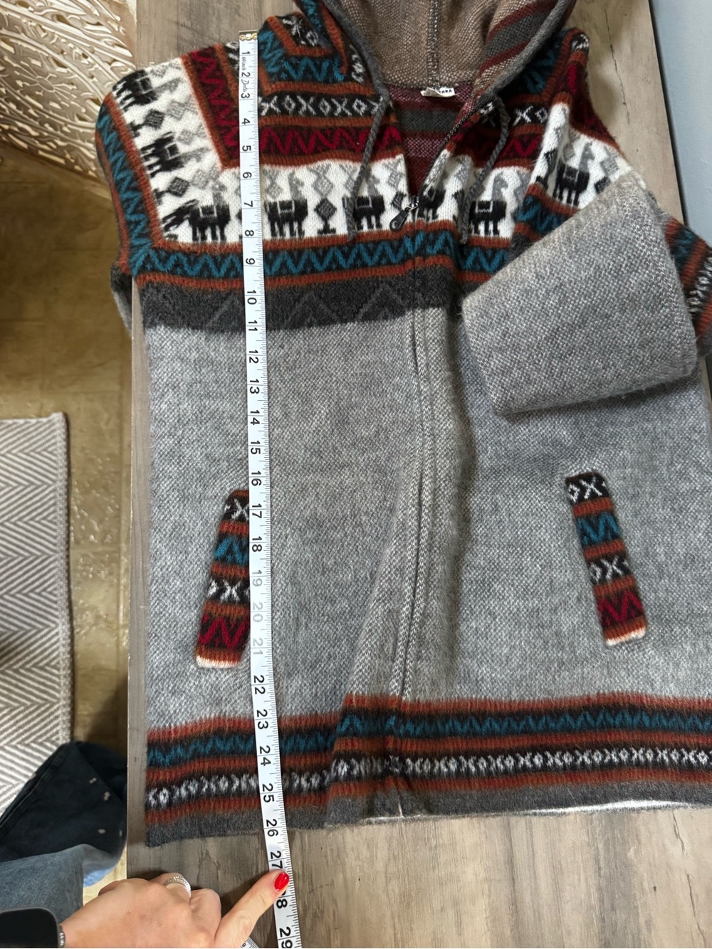 Aly Marka Aztec Light Gray Hooded Zip Sweater with Multicolor Fair Isle Accents - Picture 4 of 6